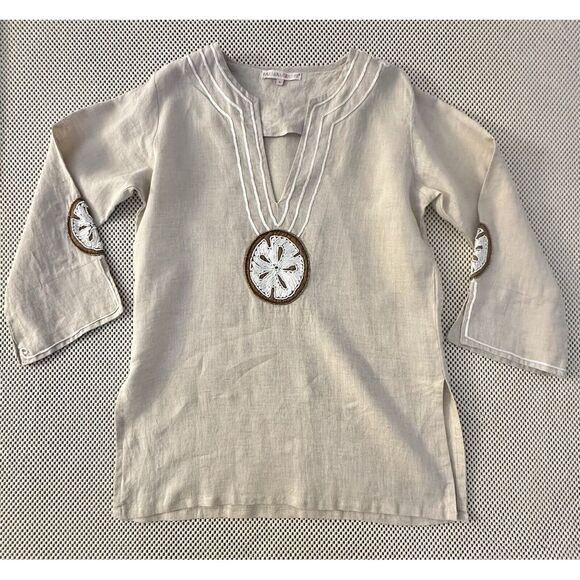 BARBARA GERWIT Linen Blouse Top S/M Tunic‎ Beaded Shirt Sand Dollar Ivory Beach - Picture 7 of 12